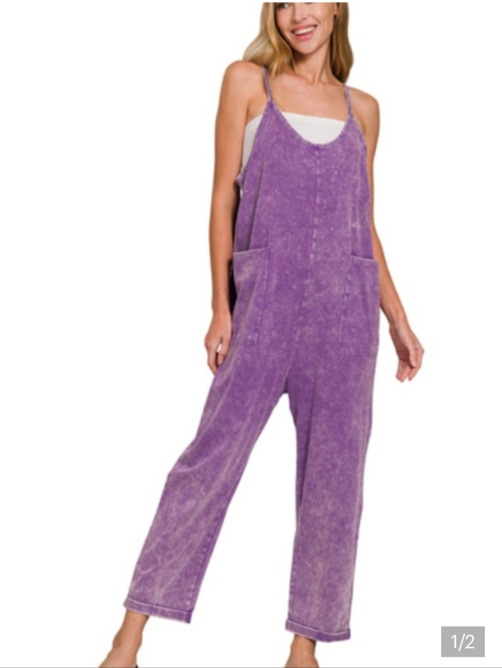 New Zenana Acid Wash Purple Cotton Jumpsuit